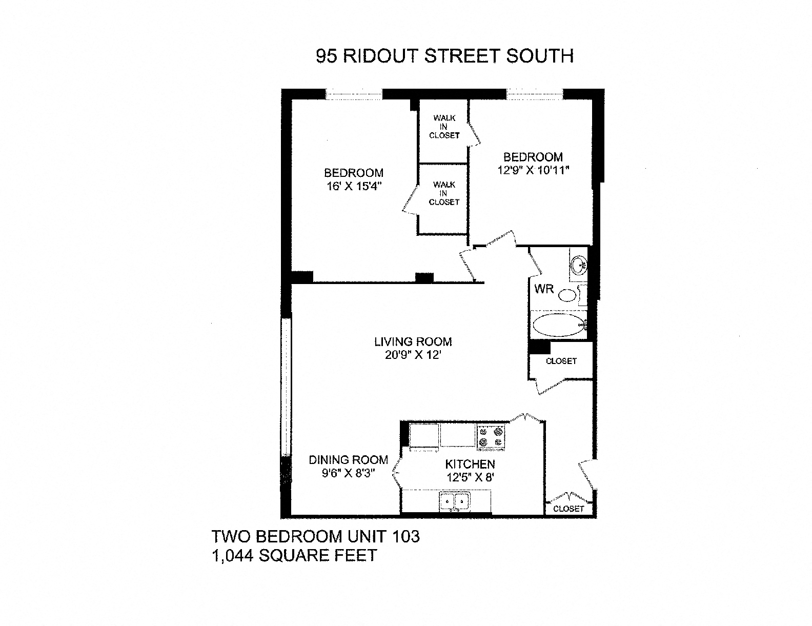 Floor plan for 2 beds, 1 bath, 1106 sqft